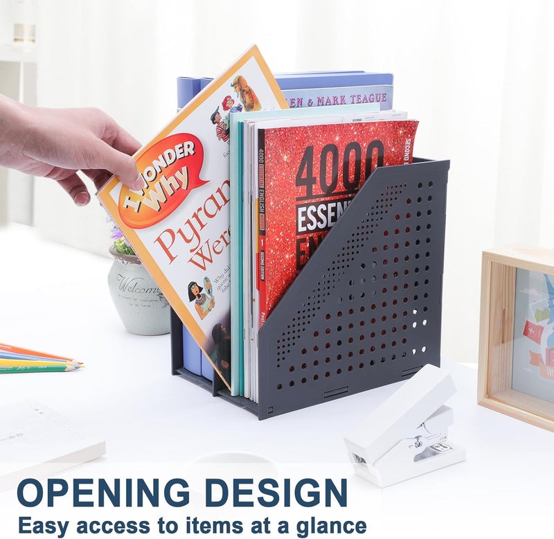 FRETONBA Collapsible Magazine File Holder with 2 Vertical Compartments Foldable Binder Holder for Desk Binder Storage Organizer Plastic Magazine Holders for Shelf, Dark Gray - Image 2